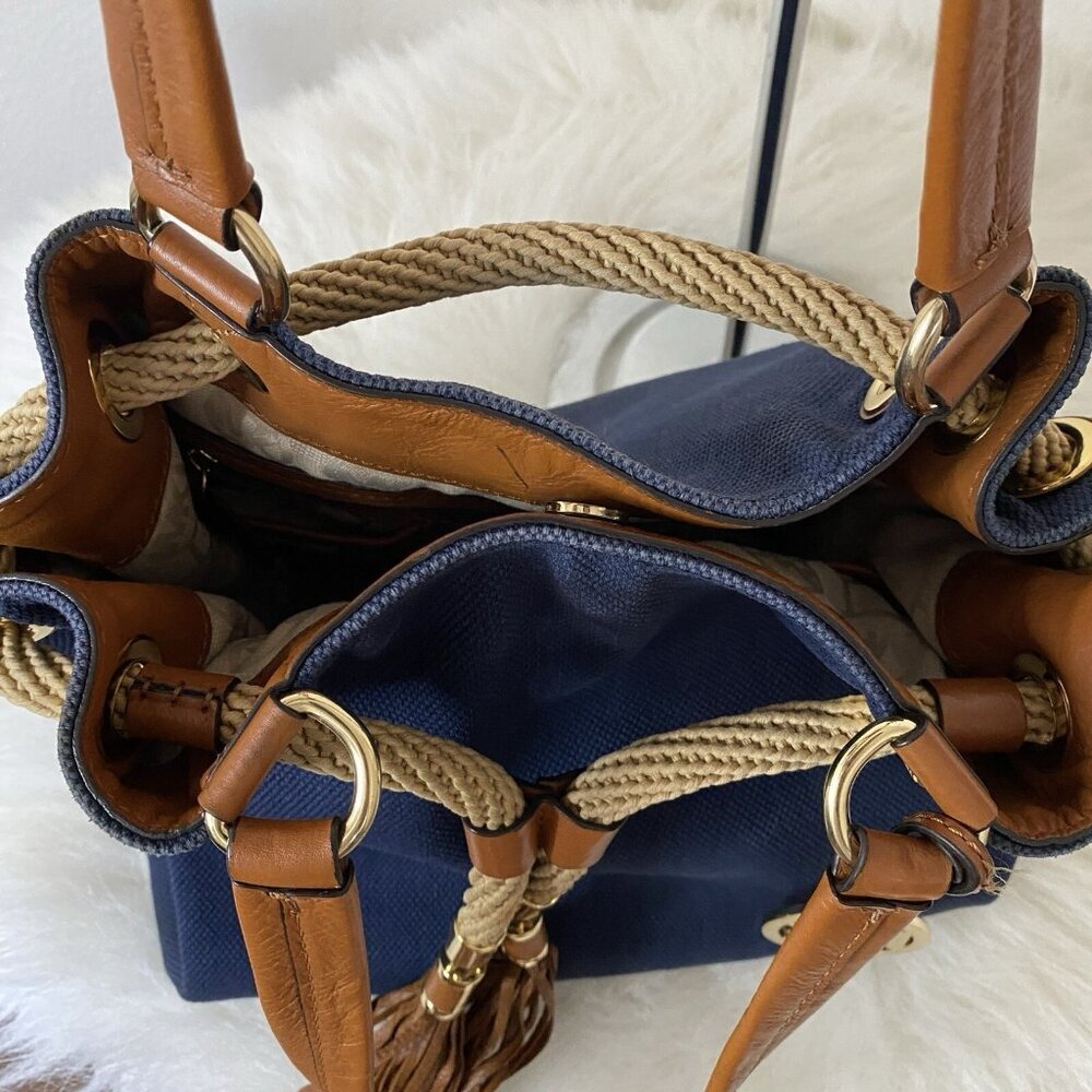 Michael Kors Marina Purse Navy Blue Canvas Brown Leather Tote Bag Bucket Bag - Picture 7 of 16